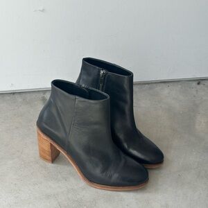 Dune London Black Leather Ankle Boots with Wooden Heel